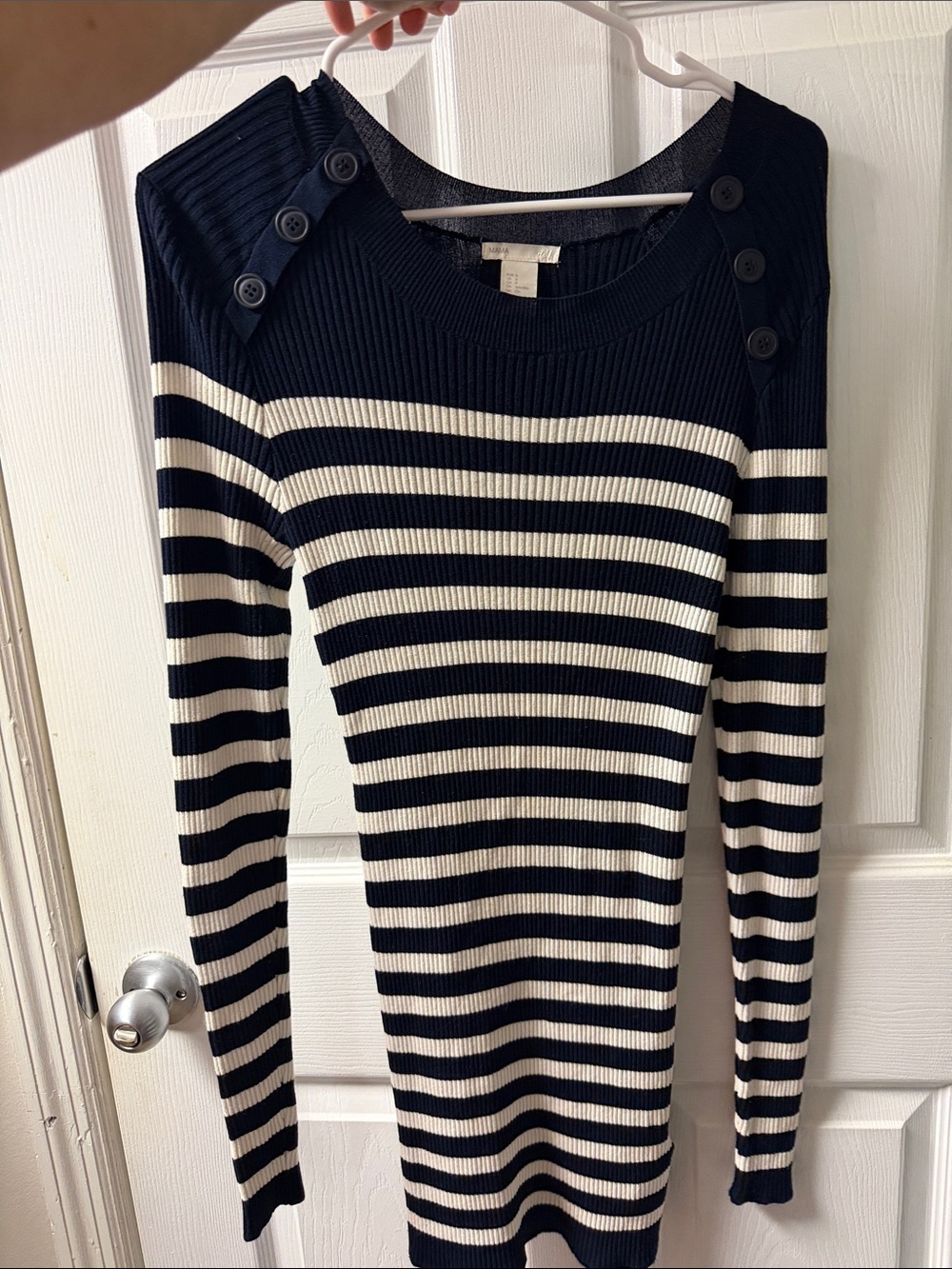Navy and White Striped Button-maternity  Sweater